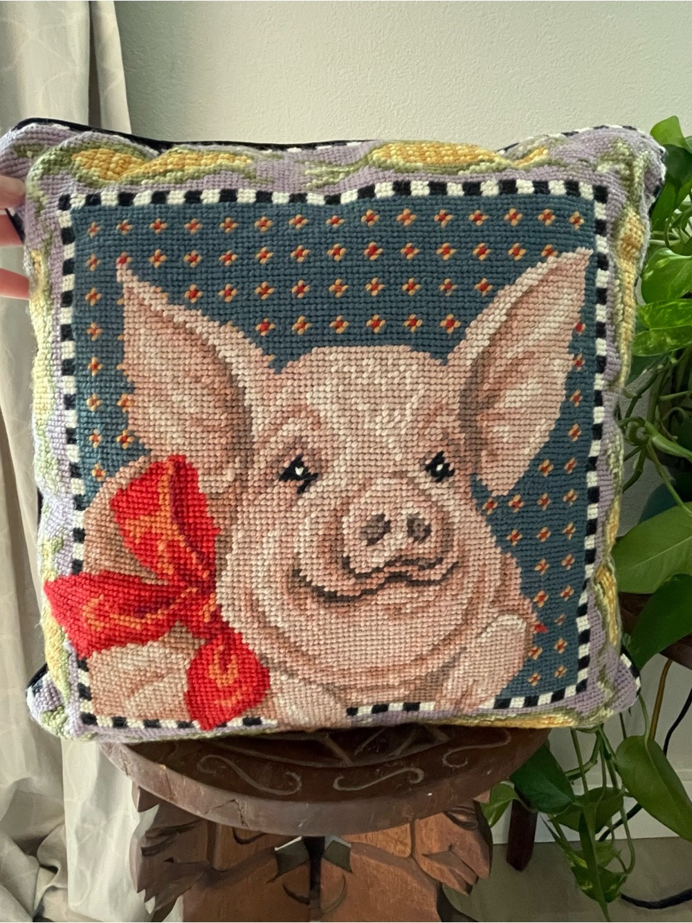 Vintage Needlepoint “ Cornelius, the pig” Wool Decorative Pillow